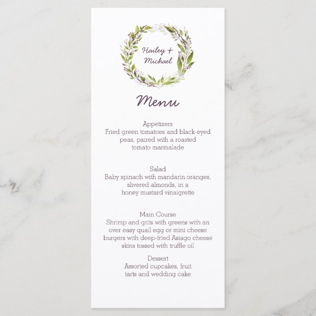 Wreath with Green Leaves Dark Plum Berries Menu (Front)