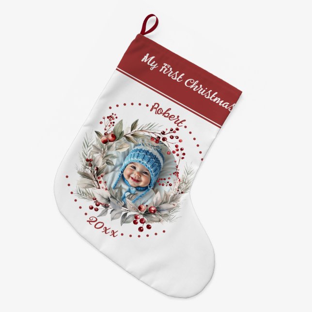 Wreath with greenery Baby's First Christmas photo Large Christmas Stocking (Front (Hanging))