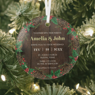 Wreath With Pine Wedding Invitation Christmas Glass Tree Decoration