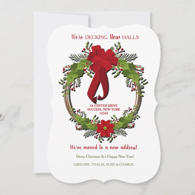 Wreath with Red Bow Holiday Moving Announcement (Front)