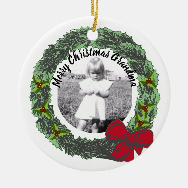 Wreath With Red Bow Merry Christmas Photo | Names Ceramic Tree Decoration (Front)