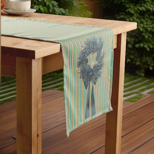 Wreath with Ribbon Green Stripes Simple Short Table Runner (Creator Uploaded)