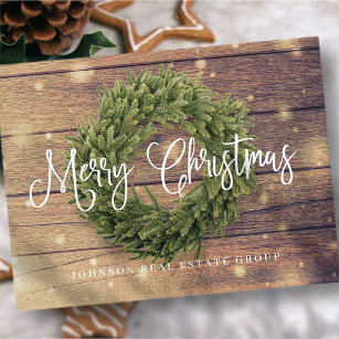 Wreath Wood Fairy Lights Merry Christmas Greeting Holiday Postcard