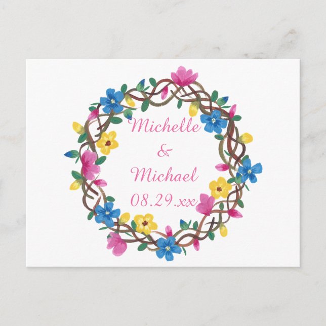 Wreathe Colourful Flowers Save the Date Postcards (Front)