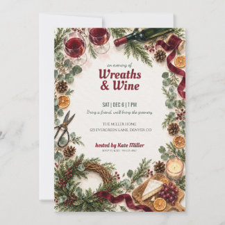 Wreaths and Wine Christmas Wreath Making Party Invitation