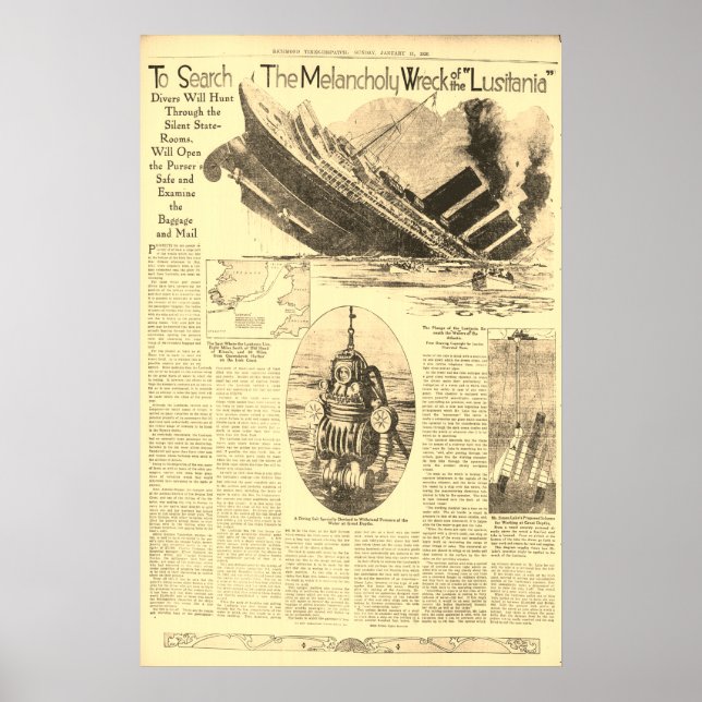 Wreck of the Lusitania Newspaper  Poster (Front)