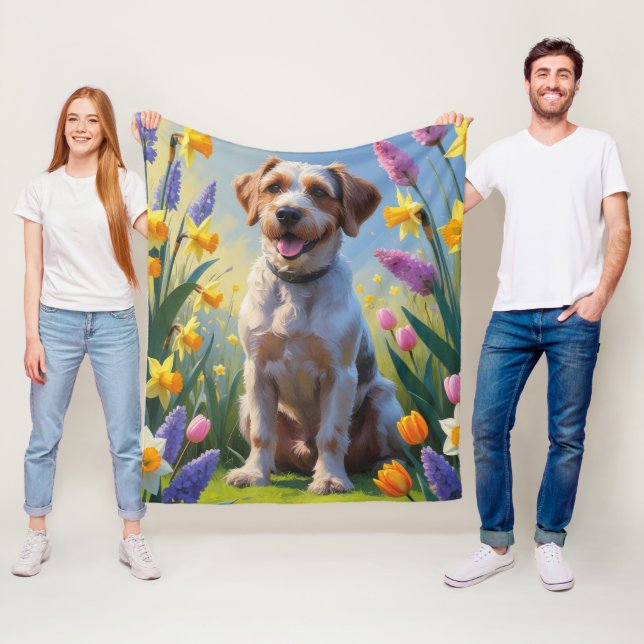 Wrehaired Pointing Griffon Spring Flowers Painting Fleece Blanket (In Situ)