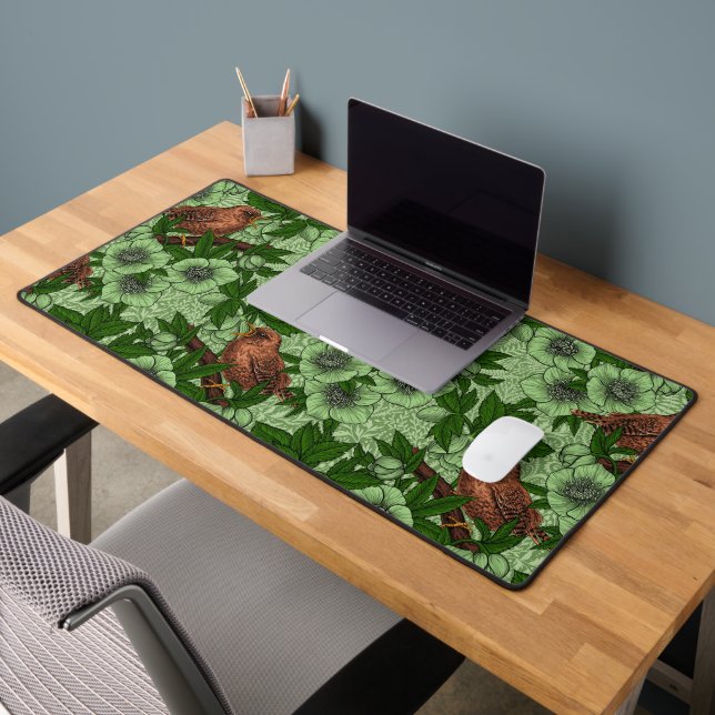 Wren and hellebore, light green desk mat (Office 2)