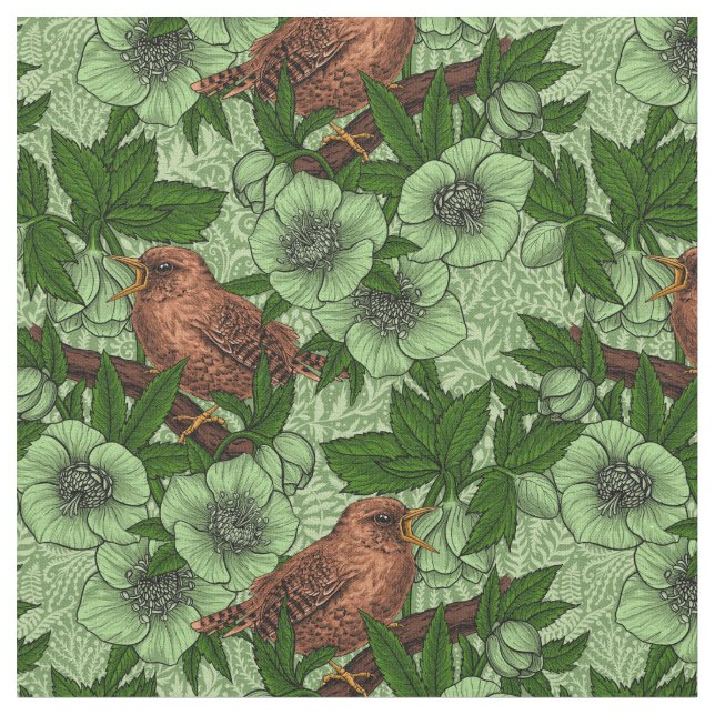 Wren and hellebore, light green fabric (Close Up)