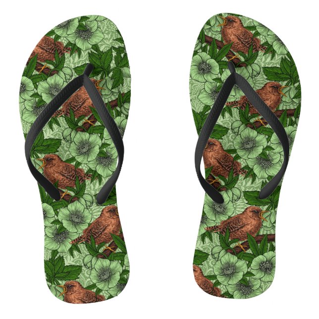 Wren and hellebore, light green flip flops (Footbed)