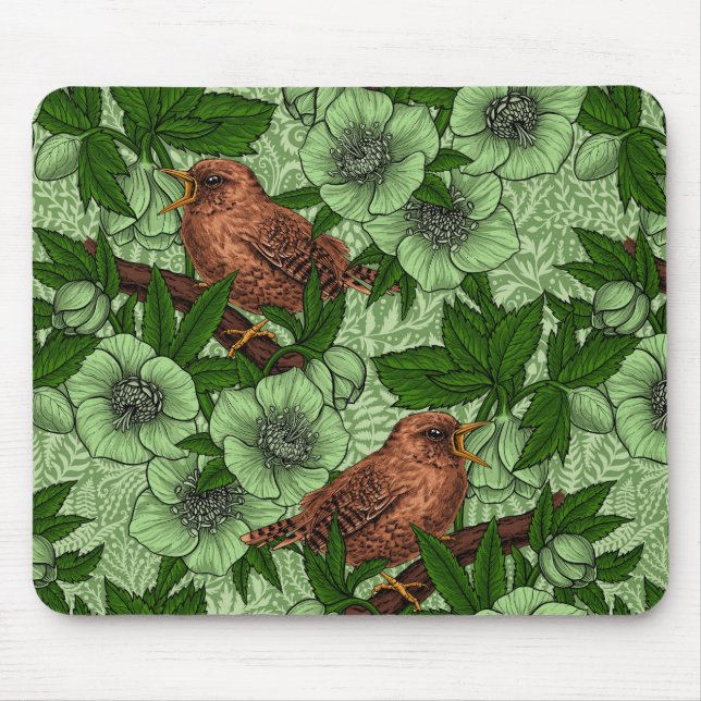 Wren and hellebore, light green mouse mat (Front)