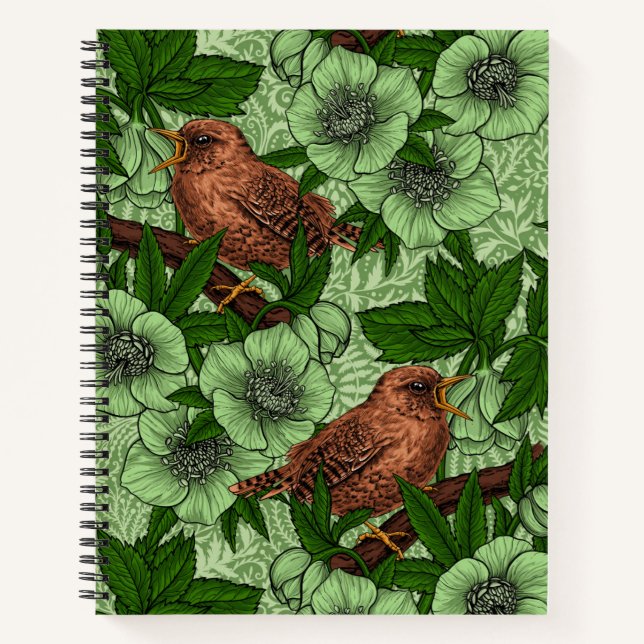 Wren and hellebore, light green notebook (Front)
