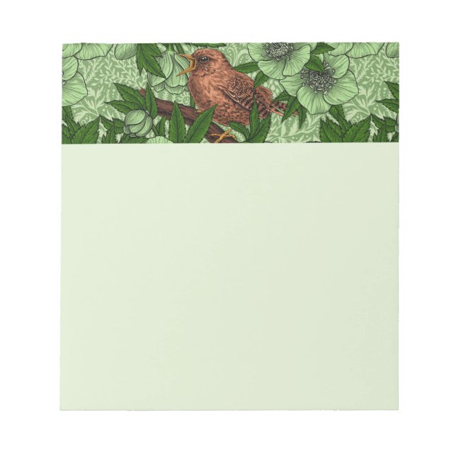 Wren and hellebore, light green notepad (Front)