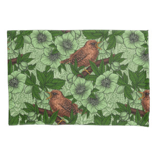 Wren and hellebore, light green pillowcase