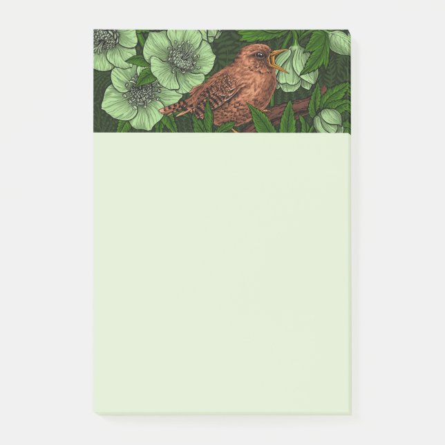 Wren and hellebore, light green post-it notes (Front)