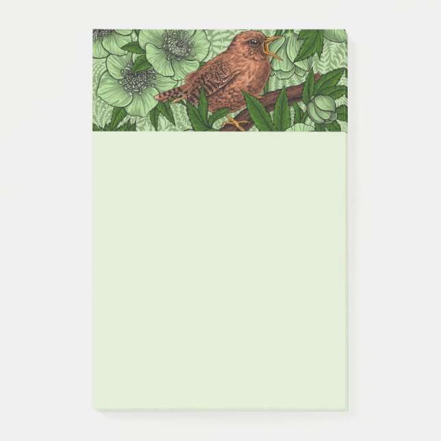 Wren and hellebore, light green post-it notes (Front)