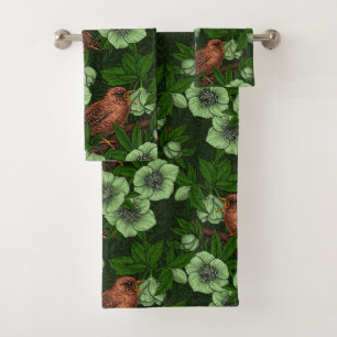 Wren and hellebore on dark green bath towel set