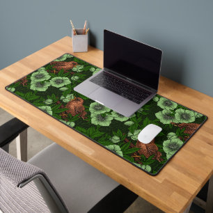 Wren and hellebore on dark green desk mat