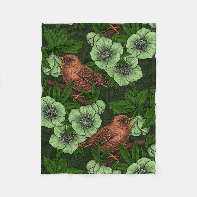 Wren and hellebore on dark green fleece blanket (Front)