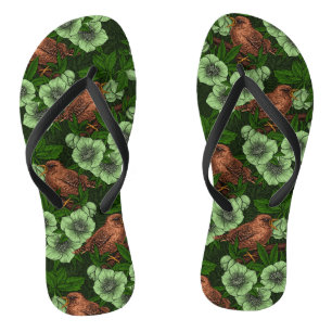 Wren and hellebore on dark green flip flops