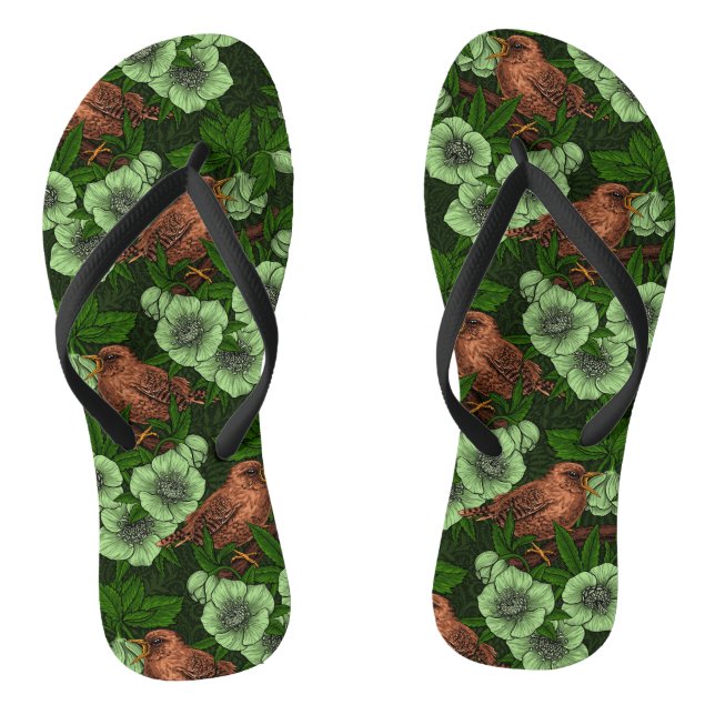 Wren and hellebore on dark green flip flops (Footbed)
