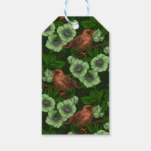 Wren and hellebore on dark green gift tags