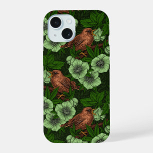 Wren and hellebore on dark green iPhone 15 case
