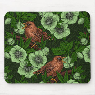 Wren and hellebore on dark green mouse mat