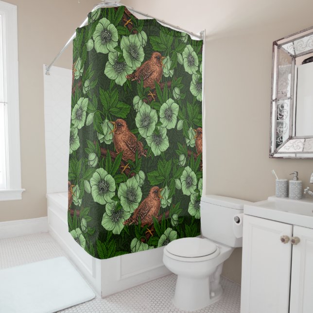 Wren and hellebore on dark green shower curtain (In Situ)