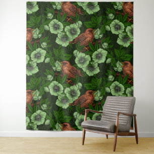 Wren and hellebore on dark green tapestry