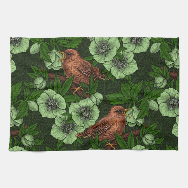 Wren and hellebore on dark green tea towel (Horizontal)