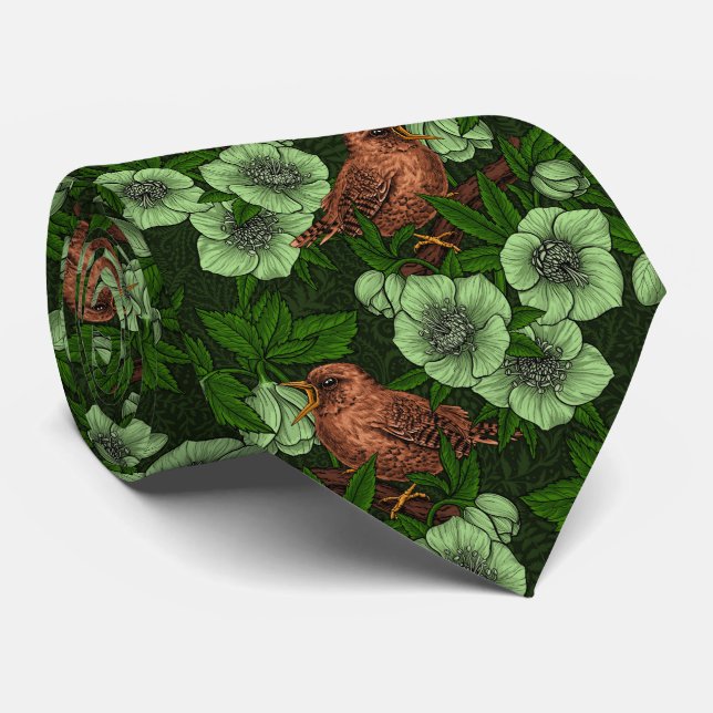 Wren and hellebore on dark green tie (Rolled)
