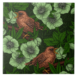 Wren and hellebore on dark green tile