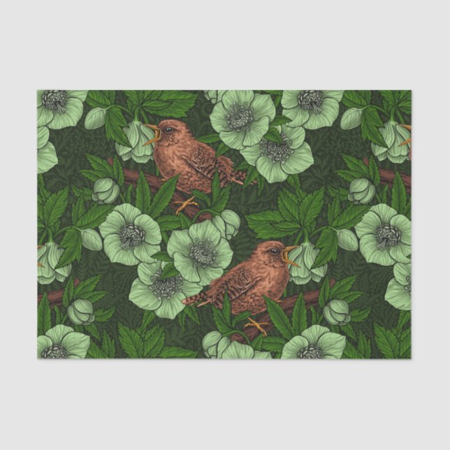 Wren and hellebore on dark green tissue paper (Front)