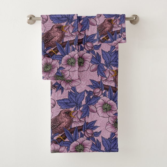 Wren and hellebore, pink and violet bath towel set (Insitu)