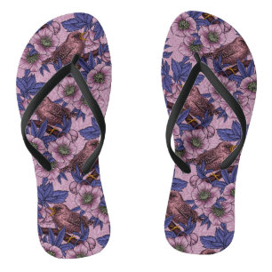 Wren and hellebore, pink and violet flip flops