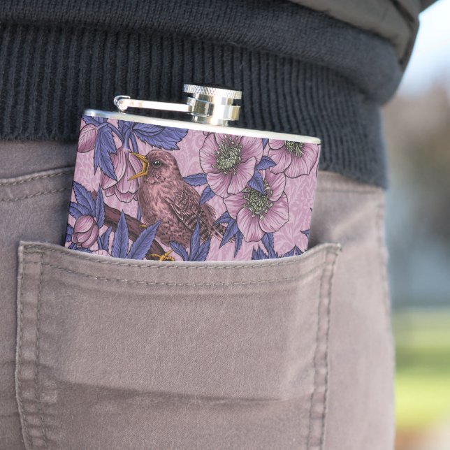 Wren and hellebore, pink and violet hip flask (In Situ)