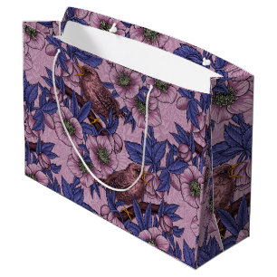 Wren and hellebore, pink and violet large gift bag