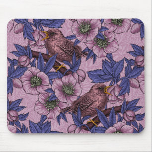 Wren and hellebore, pink and violet mouse mat