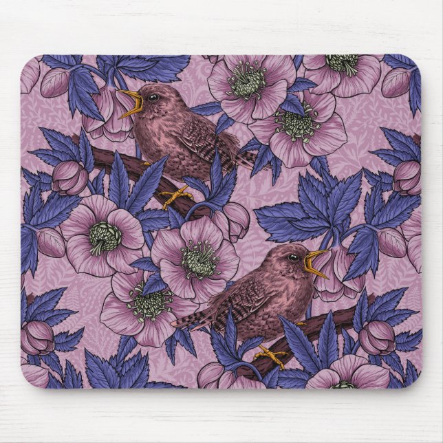 Wren and hellebore, pink and violet mouse mat (Front)