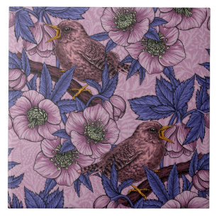 Wren and hellebore, pink and violet tile