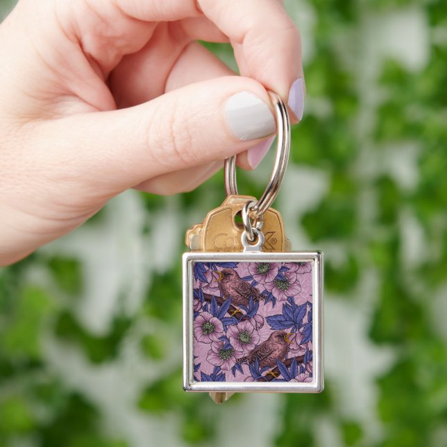 Wren and hellebore, pink and violetWren and helleb Key Ring (Hand)