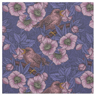 Wren and hellebore, violet and pink fabric