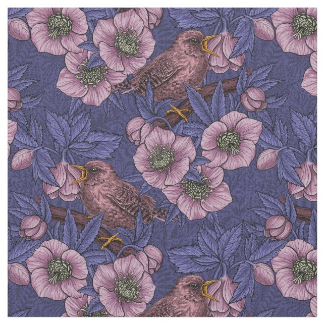 Wren and hellebore, violet and pink fabric (Close Up)