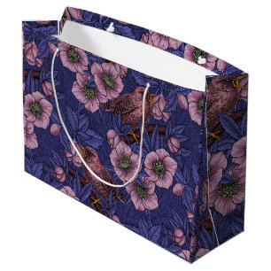 Wren and hellebore, violet and pink large gift bag