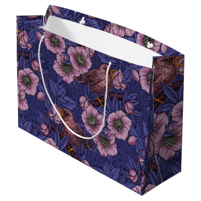 Wren and hellebore, violet and pink large gift bag (Back Angled)