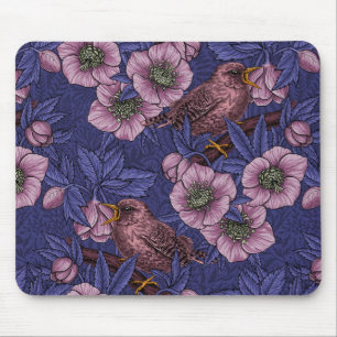 Wren and hellebore, violet and pink mouse mat