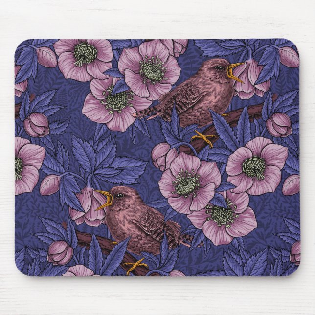 Wren and hellebore, violet and pink mouse mat (Front)
