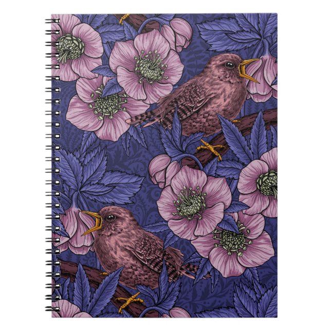 Wren and hellebore, violet and pink notebook (Front)