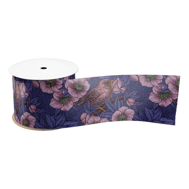 Wren and hellebore, violet and pink satin ribbon (Spool)